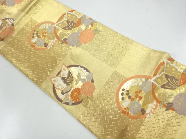 佐賀錦　丸に蝶・花模様織出し袋帯